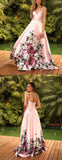 Pink A Line Satin Floral Prints Spaghetti Strap A-Line Prom Dresses OK2000