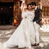 Ivory Tulle Off the Shoulder Bride Dress Simple Long Puffy Sleeves Wedding Gown OKW52