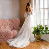 Ivory Tulle Off the Shoulder Bride Dress Simple Long Puffy Sleeves Wedding Gown OKW52