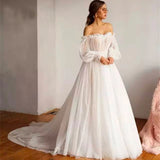 Ivory Tulle Off the Shoulder Bride Dress Simple Long Puffy Sleeves Wedding Gown OKW52