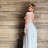 Long Sleeves Chiffon Sheer Lace Applique V-neck Plus Size Wedding Dress OKV31