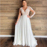 Long Sleeves Chiffon Sheer Lace Applique V-neck Plus Size Wedding Dress OKV31