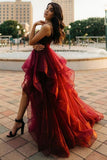 Pretty High Low Long Prom Dress Formal Dress Fluffy Burgundy Evening Dress OK1284