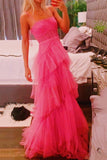 Fashion Hot Pink A Line Tulle Long Prom Dress Layered Ruffles Evening Gown OK1255