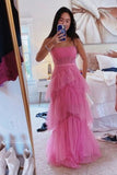 Fashion Hot Pink A Line Tulle Long Prom Dress Layered Ruffles Evening Gown OK1255