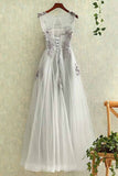 Gray tulle round neck a line lace applique see-through long prom/evening dress OK194