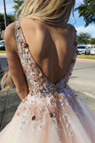 Charming A-Line V-Neck Floor-Length Pink Tulle Prom Dresses with Appliques Beading PW533