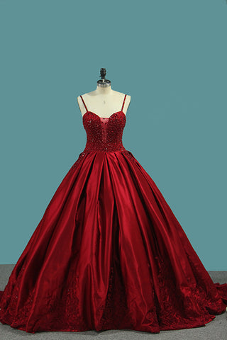 Burgundy Spaghetti Straps Beading Prom Dresses, Princess Ball Gowns OKJ7