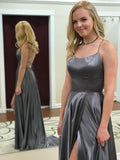 Grey Spaghetti Strap A Line Prom Dress Formal Long Split Evening Dress OKJ88