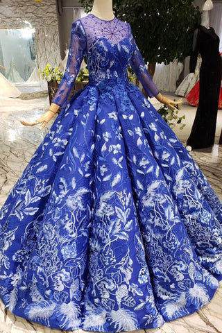 Royal Blue Long Sleeves Lace Prom Dress,Ball Gown Quinceanera Dresses OKK6