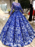 Royal Blue Long Sleeves Lace Prom Dress,Ball Gown Quinceanera Dresses OKK6