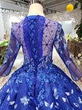 Royal Blue Long Sleeves Lace Prom Dress,Ball Gown Quinceanera Dresses OKK6