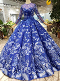 Royal Blue Long Sleeves Lace Prom Dress,Ball Gown Quinceanera Dresses OKK6