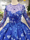 Royal Blue Long Sleeves Lace Prom Dress,Ball Gown Quinceanera Dresses OKK6