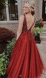 Sexy Burgundy Long Prom Dress with Beading Popular School Dance Dress OK1104