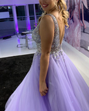 A Line Tulle V Neck Prom Dress with Beading Long 8th Graduation Dress Formal Dress OK1101