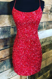Tight Navy Blue Sequined Party Dress Sheath Short Homecoming Dress OKZ70