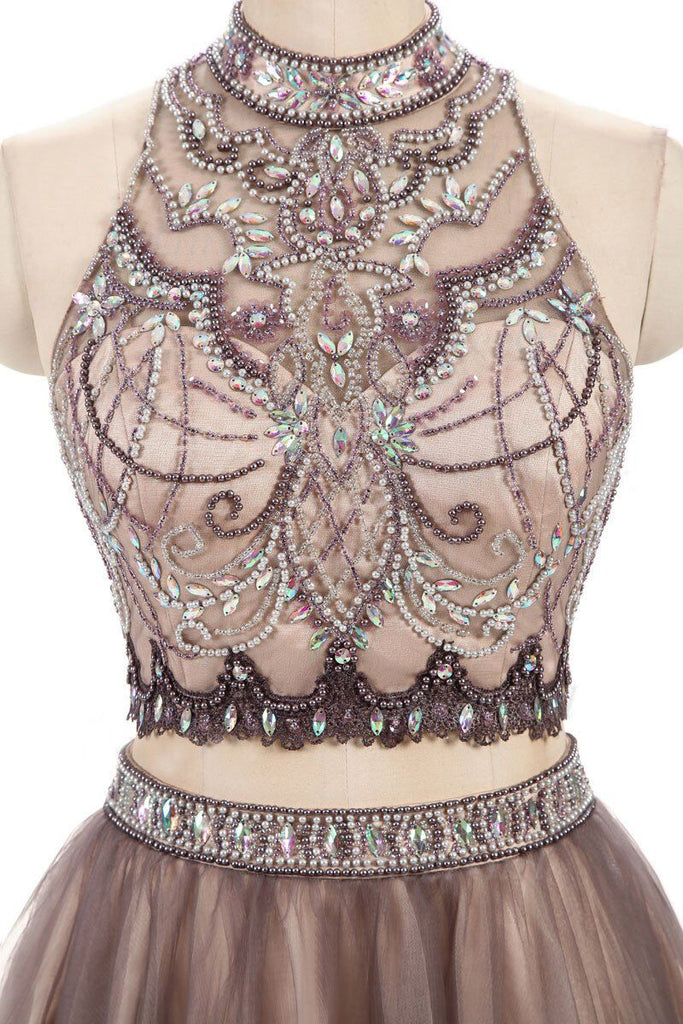 Gorgeous Beading Two Piece Prom Dresses,Junior Short Tulle Open Back Homecoming Dresses OK481