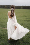 Chiffon Beach Wedding Dress Puff Sleeve Vintage Bride Dress V Neck Boho Wedding Gowns OKW14