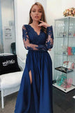 A Line Long Sleeves V Neck Dark Blue Prom Dress With Appliques OKI67