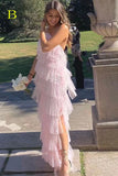 Fashion Halter Ruffles Tulle Prom Dress with Slit Chiffon Long Party Dress OK1382