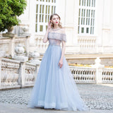 Light Blue Tulle Long Prom Dress Beaded Aline Formal Gowns OKW68