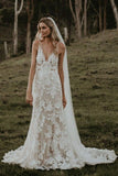 Rustic Floral Lace Mermaid Wedding Dress Sheath V-Neck Bridal Gown OK1199