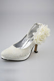 Ivory Lace Ankle Strap Shoes With White Flowers S30
