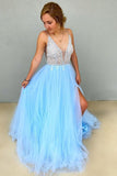 A Line V Neck Sky Blue Tulle Beading Long Prom Dress With Slit OK1263