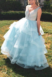 Chrming A-line V Neck Tiered Long Beaded Prom Dress Cheap Evening Dress OKZ59