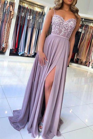 Spaghetti Straps A-line Long Lace Appliques Prom Dress With Slit OKX94