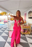 Fashion A-Line V Neck Long Prom Dress Hot Pink Evening Party Gown OK1417