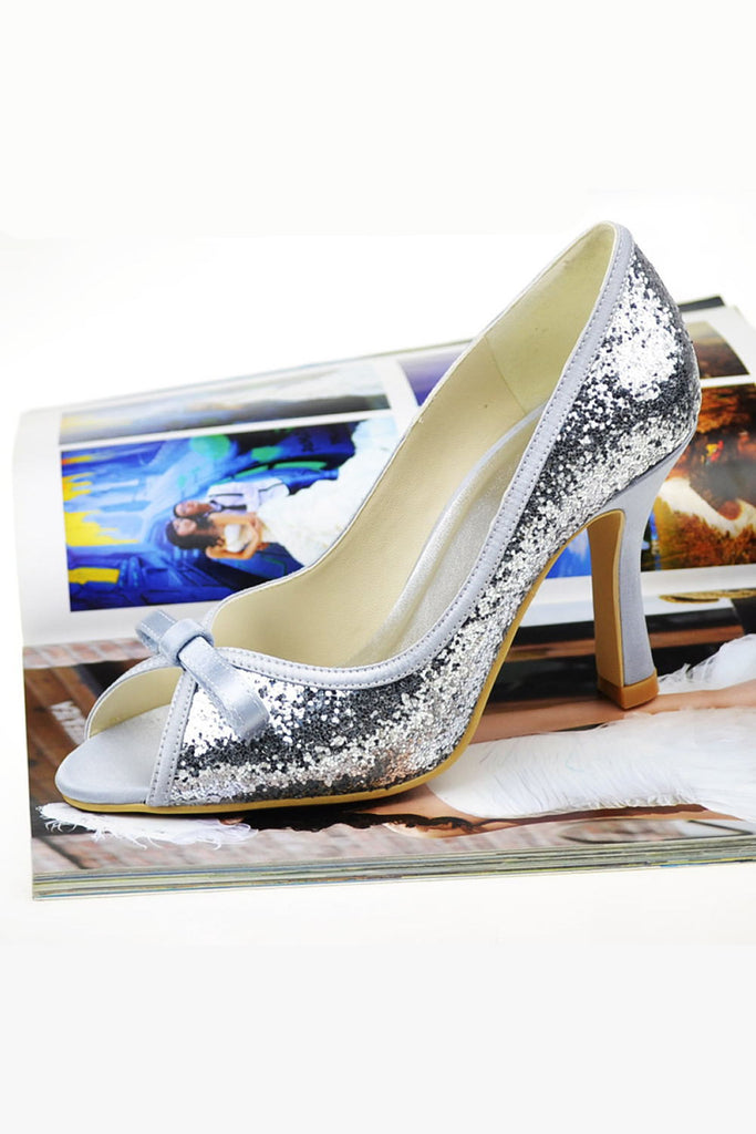 Sequin High Heel Peep Toe Wedding Shoes With Bow S9