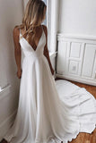 Off White Chiffon A-line V-neck Lace Spaghetti Straps Wedding Dress OK1207