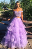Off Shoulder Long A-Line Prom Dress Two Pieces Lace Appliques Evening Dress OK1210