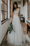 Simple Off White Tulle Lace Top A-line V-neck Backless Beach Wedding Dress OKY31