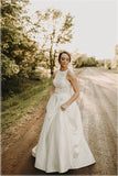 Satin A-line Lace Top Boho Wedding Dresses With Sweep Train, Bridal Gown OK1811