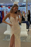 Spaghetti Straps Mermaid Prom Dress With Slit Sparkly Sequins Long Formal Evening Gown OK1384