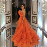 Orange Ruffles Tulle Evening Party Dress Strapless Tiered Long Prom Dress OKW75