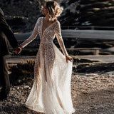 Sexy Illusion Boho A-line Backless Bride Dress Sequined Beading Mermaid Wedding Dress OKV67