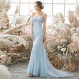 Sky Blue Long Mermaid Lace Appliques Prom Dress With Rhinestones OKW66