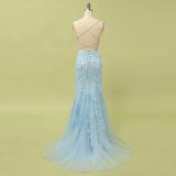 Sky Blue Long Mermaid Lace Appliques Prom Dress With Rhinestones OKW66