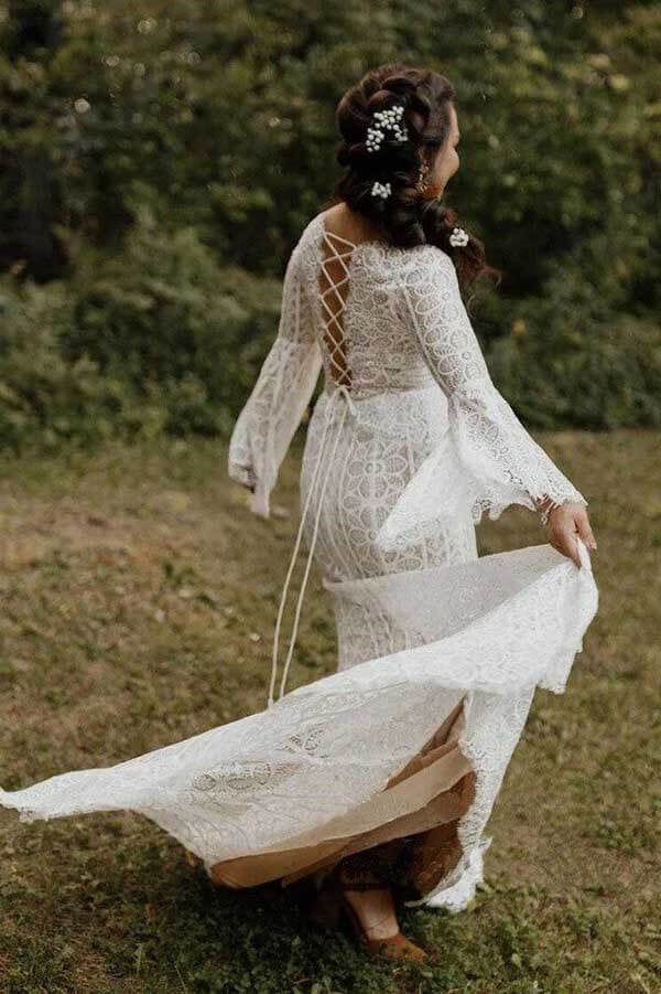 Sheath Long Sleeves Lace up Back Beach Wedding Dresses, Boho Bridal Gown OK1882