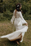 Sheath Long Sleeves Lace up Back Beach Wedding Dresses, Boho Bridal Gown OK1882