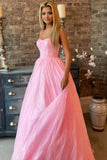 Shiny A Line Pink Tulle Spaghetti Straps Sparkly Long Prom Dress OK1969