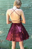 Shiny Sequins Criss Cross Burgundy Short A-line Homecoming Dress OKX66