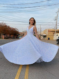 Sparkly Sequins V Neck A Line Long Prom Dress Formal Evening Dress OK1297