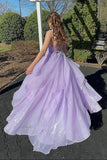 Shiny V Neck Lilac Backless Long Prom Dresses, Formal Evening Dresses OK1918