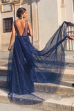 Shiny A-line V Neck Navy Blue Backless Prom Dress  V Back Navy Formal Evening Dress OKT36