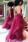 Shiny V Neck Backless Burgundy Prom Dress Backless Maroon Formal Evening Dress OK1022